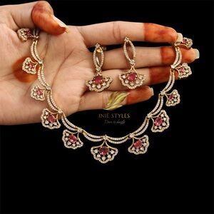 Elegant Gold and Pink AD short Necklace Set